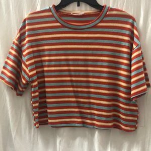 orange, blue and yellow stripe shirt
